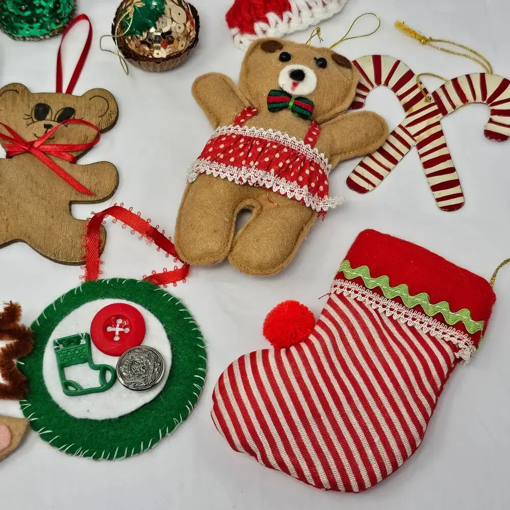 Vintage Christmas Ornaments Mixed Lot Handmade Set of 16 Wood Cloth Bead More